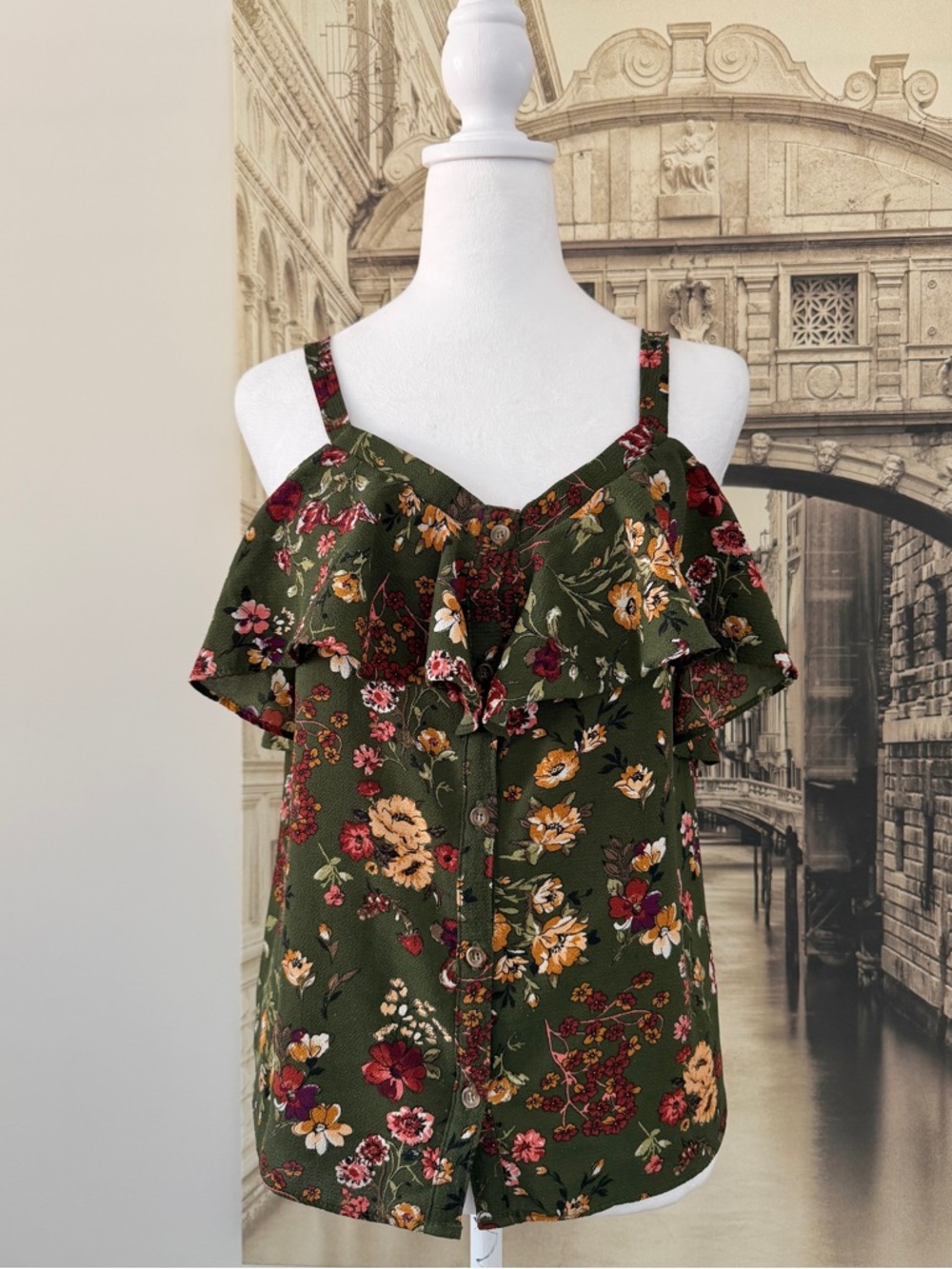 Used in Good Condition Moa Moa Olive Floral Ruffle Camisole